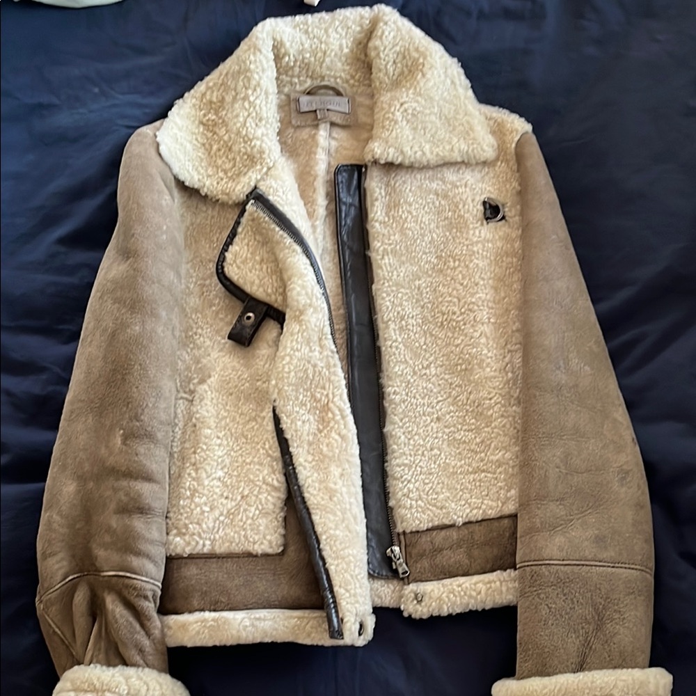 Uterque Shearling Bomber Jacket in Cream and Brown